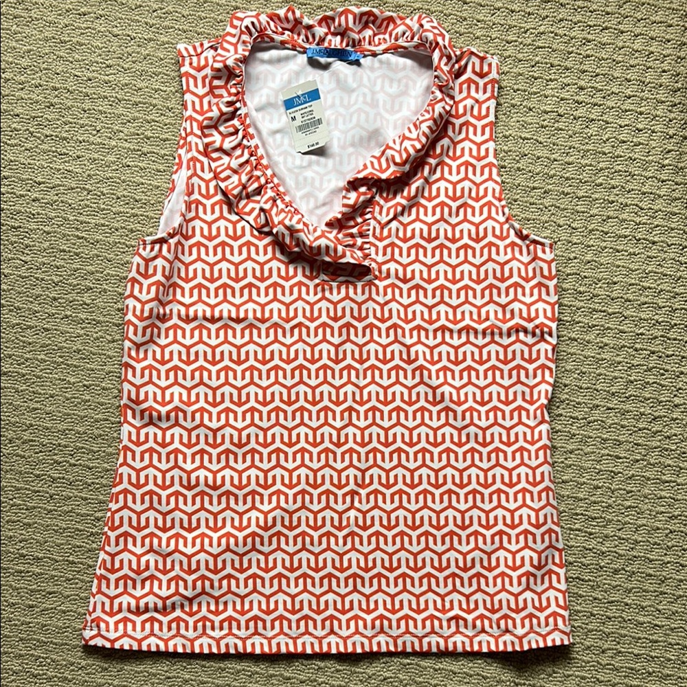 J. McLaughlin Coral and White Geometric Sleeveless Top